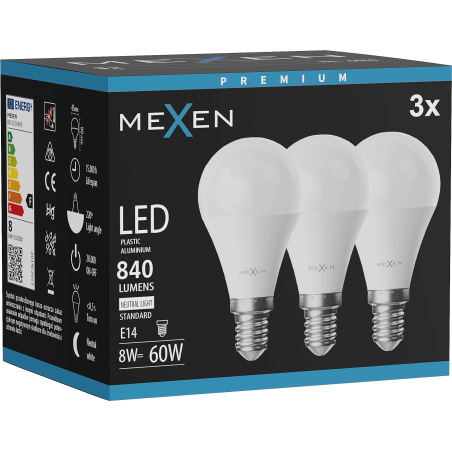 Mexen Nova 3x LED žárovka E14, G45, 8W, Neutrální - 4000K, 840 lm - L101-E14-0840-01x03