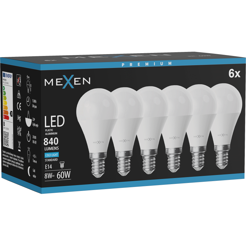 Mexen Nova 6x LED žárovka E14, G45, 8W, Studená - 6500K, 840 lm - L101-E14-0865-01x06