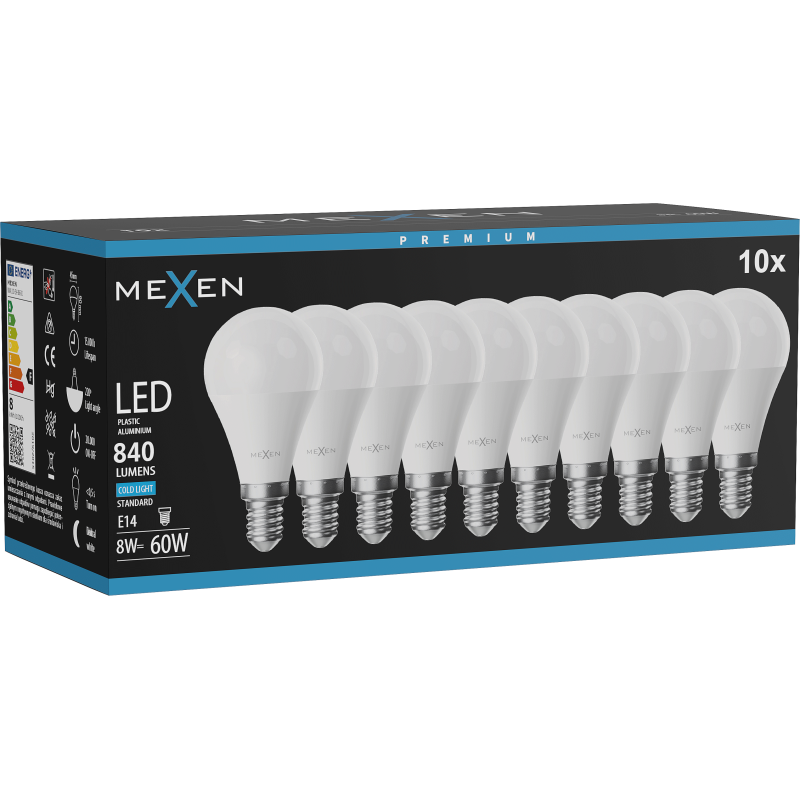 Mexen Nova 10x LED žárovka E14, G45, 8W, Studená - 6500K, 840 lm - L101-E14-0865-01x10