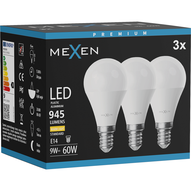 Mexen Nova 3x Žárovka LED E14, G45, 9W, Teplá - 3000K, 945 lm - L101-E14-0930-01x03