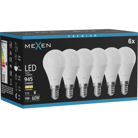 Mexen Nova 6x LED žárovka E14, G45, 9W, Teplá - 3000K, 945 lm - L101-E14-0930-01x06