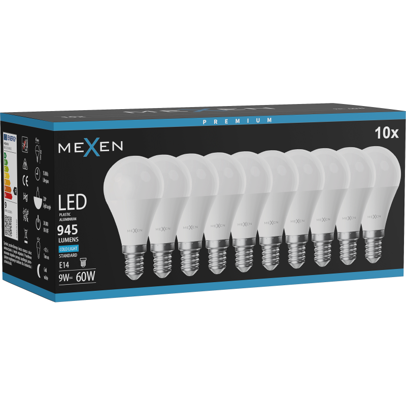 Mexen Nova 10x LED žárovka E14, G45, 9W, Studená - 6500K, 945 lm - L101-E14-0965-01x10