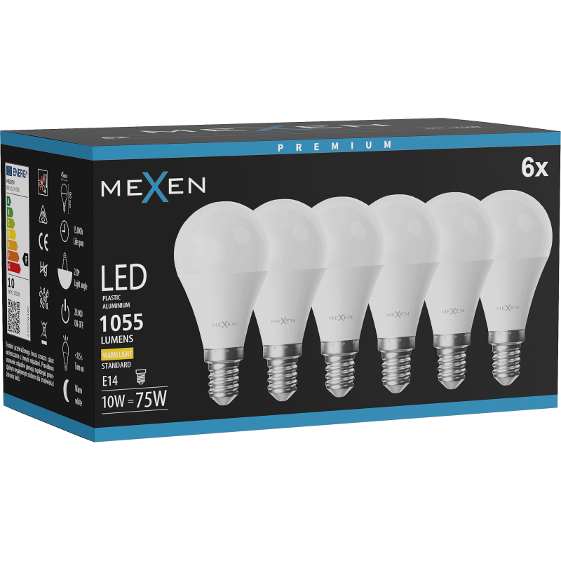 Mexen Nova 6x LED žárovka E14, G45, 10W, Teplá - 3000K, 1055 lm - L101-E14-1030-01x06