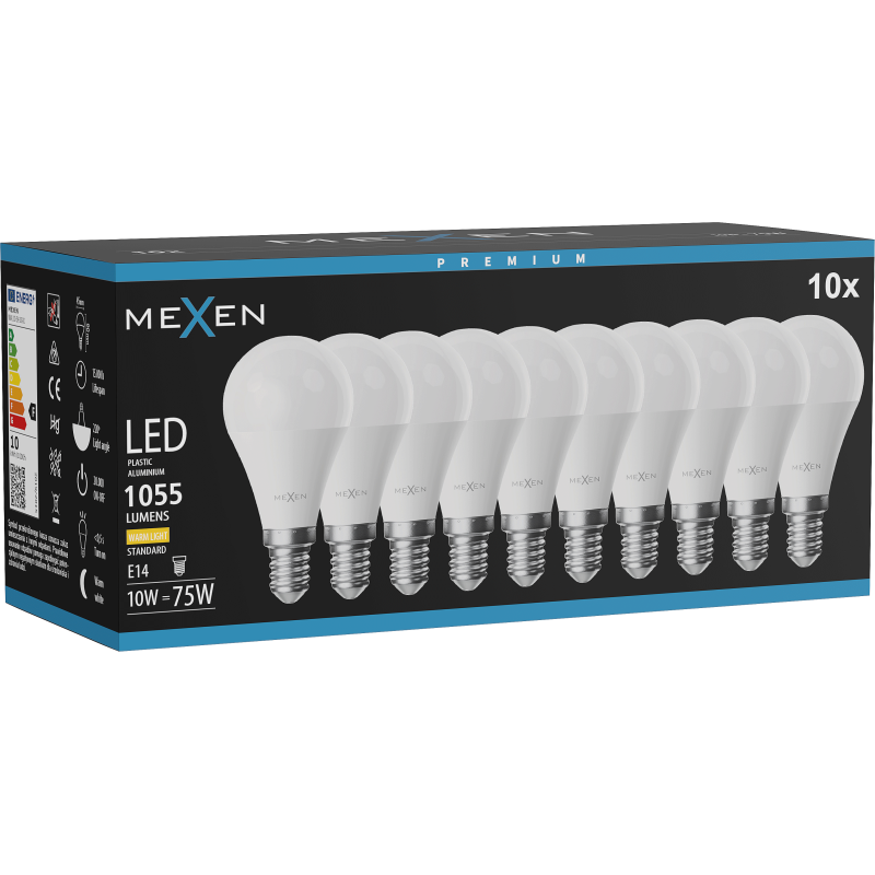 Mexen Nova 10x LED žárovka E14, G45, 10W, Teplá - 3000K, 1055 lm - L101-E14-1030-01x10