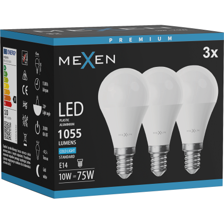 Mexen Nova 3x LED žárovka E14, G45, 10W, Studená - 6500K, 1055 lm - L101-E14-1065-01x03