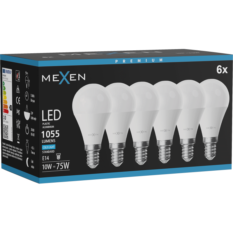 Mexen Nova 6x LED žárovka E14, G45, 10W, Studená - 6500K, 1055 lm - L101-E14-1065-01x06