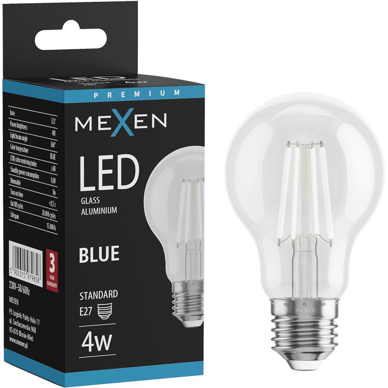 Mexen Vintis LED vláknová žárovka E27, A60, 4W, 55 lm, modrá - L150-E27-04XX-47