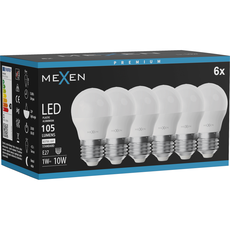 Mexen Nova 6x LED žárovka E27, G45, 1W, Neutrální - 4000K, 105 lm - L101-E27-0140-01x06
