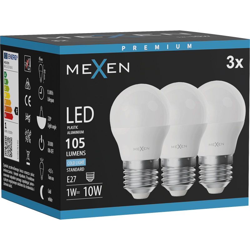 Mexen Nova 3x LED žárovka E27, G45, 1W, Studená - 6500K, 105 lm - L101-E27-0165-01x03