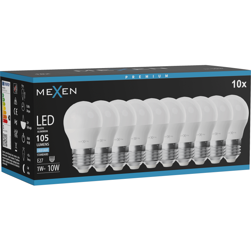Mexen Nova 10x LED žárovka E27, G45, 1W, Studená - 6500K, 105 lm - L101-E27-0165-01x10