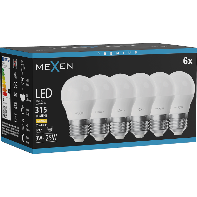 Mexen Nova 6x LED žárovka E27, G45, 3W, Teplá - 3000K, 315 lm - L101-E27-0330-01x06
