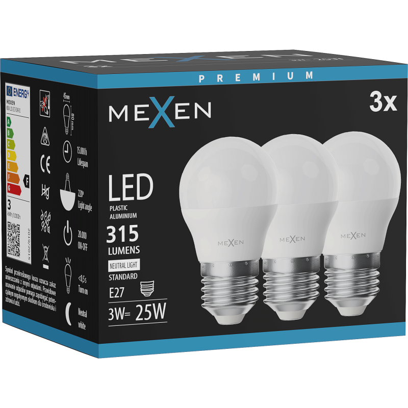 Mexen Nova 3x LED žárovka E27, G45, 3W, Neutrální - 4000K, 315 lm - L101-E27-0340-01x03