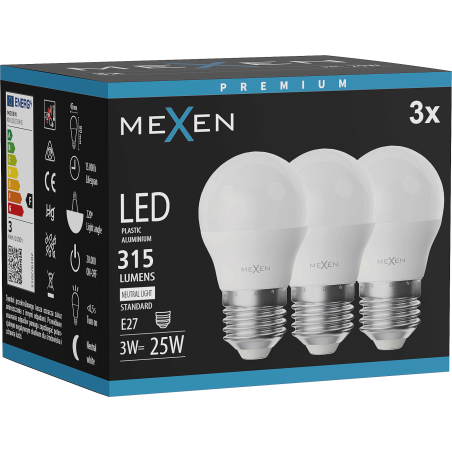 Mexen Nova 3x LED žárovka E27, G45, 3W, Neutrální - 4000K, 315 lm - L101-E27-0340-01x03