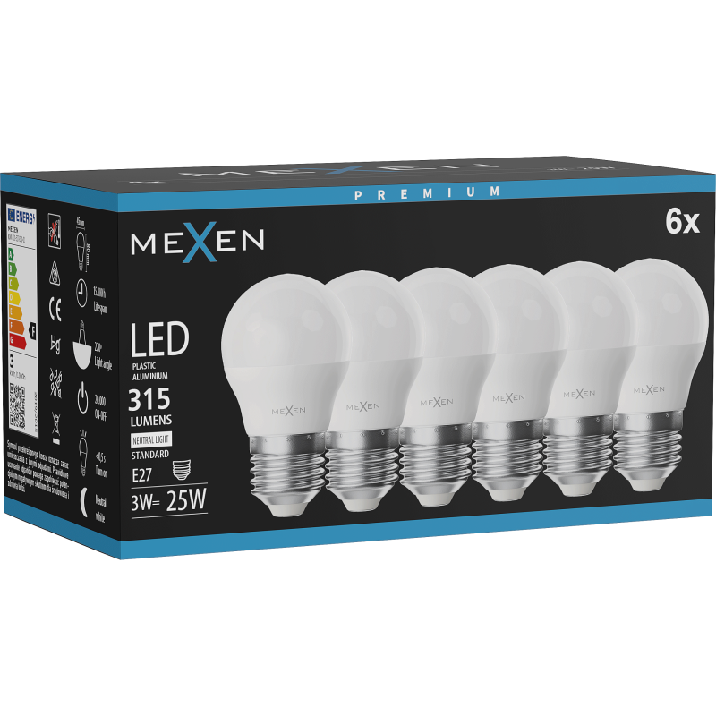Mexen Nova 6x Žárovka LED E27, G45, 3W, Neutrální - 4000K, 315 lm - L101-E27-0340-01x06