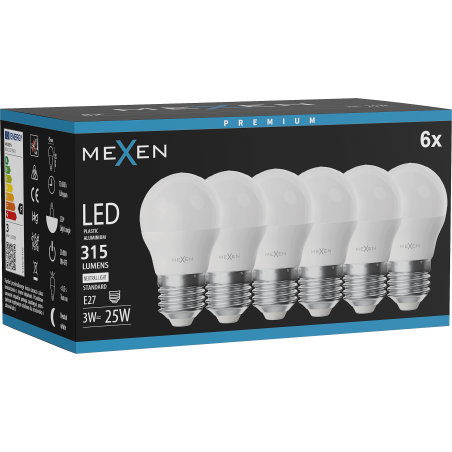 Mexen Nova 6x Žárovka LED E27, G45, 3W, Neutrální - 4000K, 315 lm - L101-E27-0340-01x06