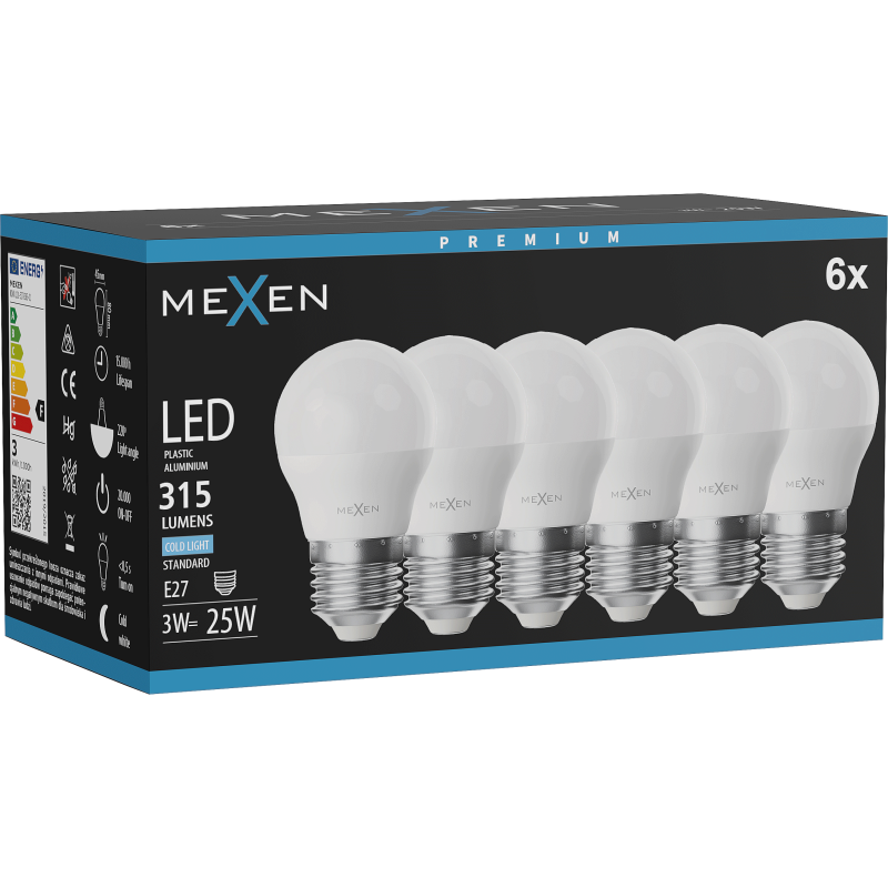 Mexen Nova 6x LED žárovka E27, G45, 3W, Studená - 6500K, 315 lm - L101-E27-0365-01x06