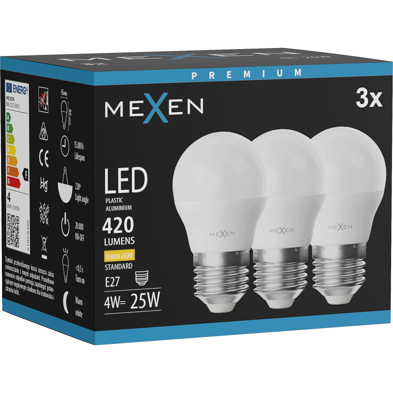 Mexen Nova 3x LED žárovka E27, G45, 4W, Teplá - 3000K, 420 lm - L101-E27-0430-01x03