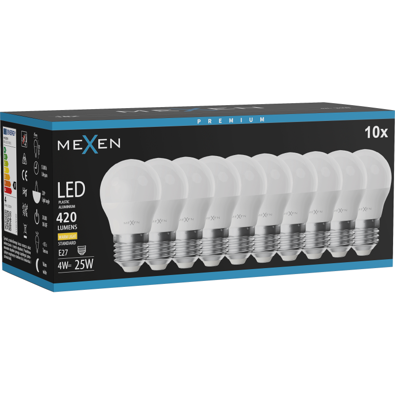 Mexen Nova 10x LED žárovka E27, G45, 4W, Teplá - 3000K, 420 lm - L101-E27-0430-01x10