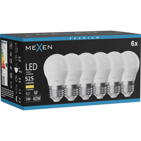 Mexen Nova 6x LED žárovka E27, G45, 5W, Teplá - 3000K, 525 lm - L101-E27-0530-01x06