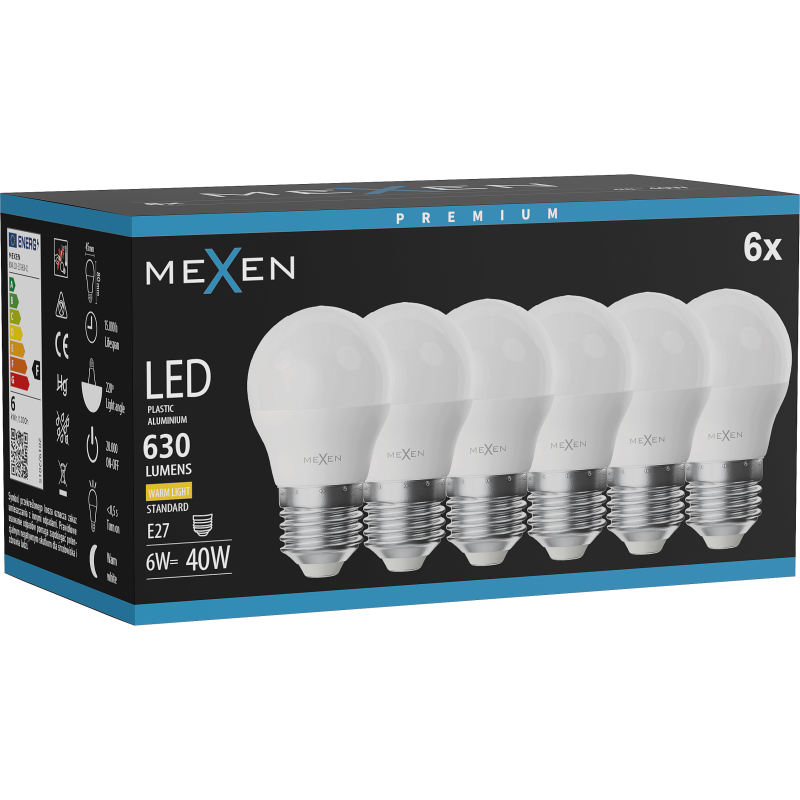 Mexen Nova 6x LED žárovka E27, G45, 6W, Teplá - 3000K, 630 lm - L101-E27-0630-01x06