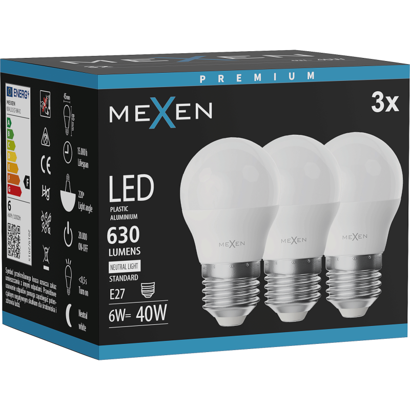 Mexen Nova 3x LED žárovka E27, G45, 6W, Neutrální - 4000K, 630 lm - L101-E27-0640-01x03