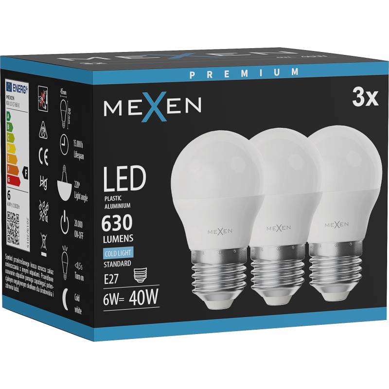 Mexen Nova 3x LED žárovka E27, G45, 6W, Studená - 6500K, 630 lm - L101-E27-0665-01x03