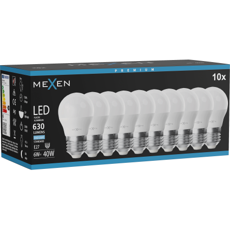 Mexen Nova 10x LED žárovka E27, G45, 6W, Studená - 6500K, 630 lm - L101-E27-0665-01x10