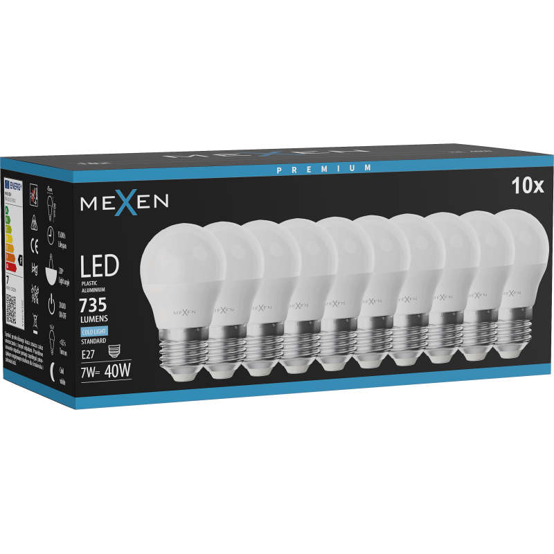 Mexen Nova 10x LED žárovka E27, G45, 7W, Studená - 6500K, 735 lm - L101-E27-0765-01x10