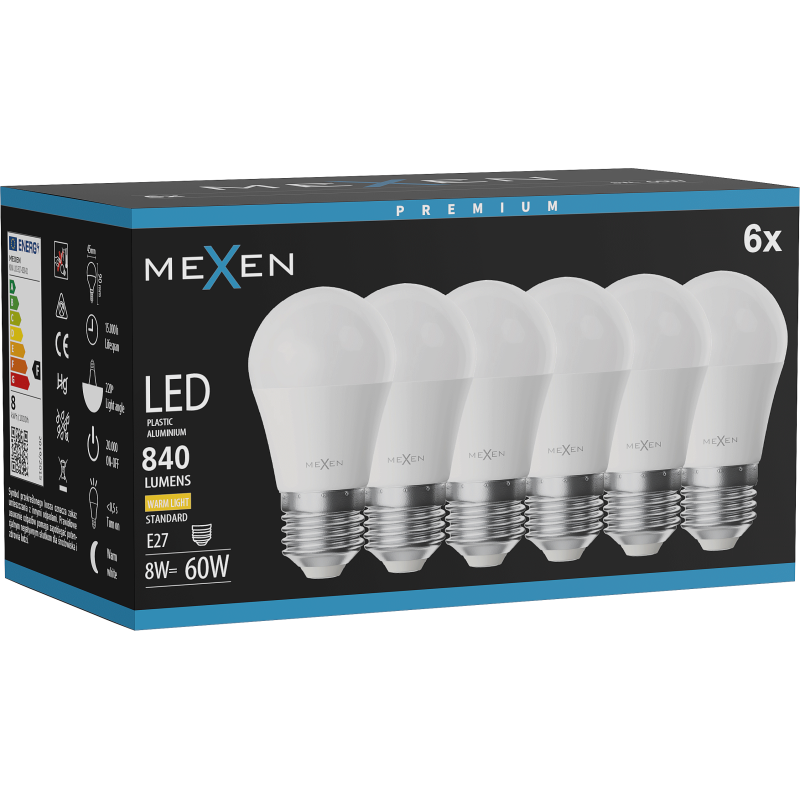 Mexen Nova 6x LED žárovka E27, G45, 8W, Teplá - 3000K, 840 lm - L101-E27-0830-01x06
