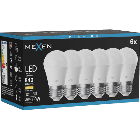 Mexen Nova 6x LED žárovka E27, G45, 8W, Teplá - 3000K, 840 lm - L101-E27-0830-01x06