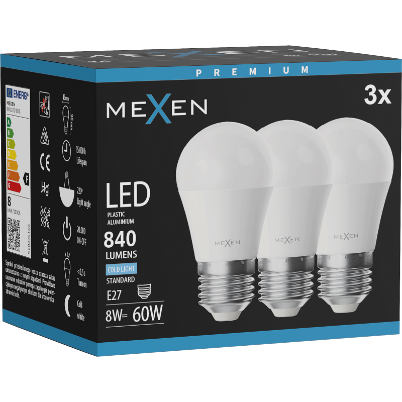 Mexen Nova 3x LED žárovka E27, G45, 8W, Studená - 6500K, 840 lm - L101-E27-0865-01x03