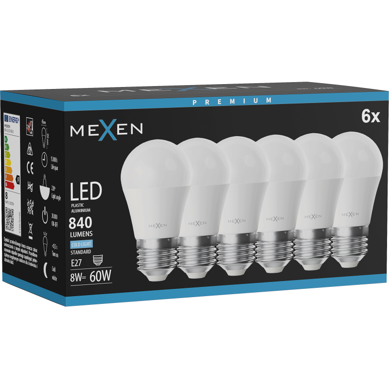 Mexen Nova 6x LED žárovka E27, G45, 8W, Studená - 6500K, 840 lm - L101-E27-0865-01x06