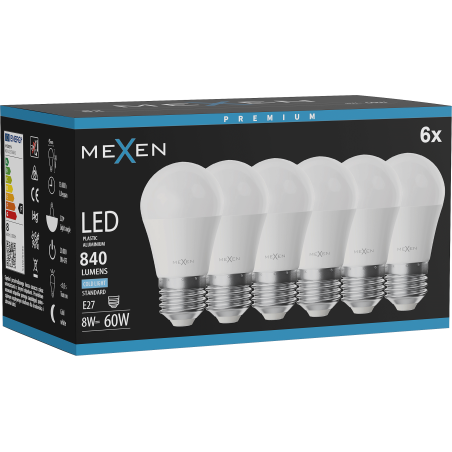 Mexen Nova 6x LED žárovka E27, G45, 8W, Studená - 6500K, 840 lm - L101-E27-0865-01x06