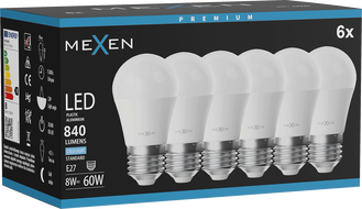 Mexen Nova 6x LED žárovka E27, G45, 8W, Studená - 6500K, 840 lm - L101-E27-0865-01x06