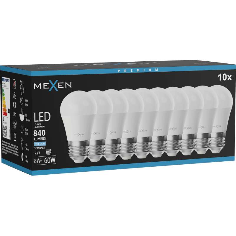 Mexen Nova 10x LED žárovka E27, G45, 8W, Studená - 6500K, 840 lm - L101-E27-0865-01x10
