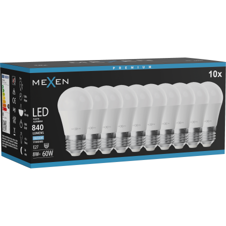 Mexen Nova 10x LED žárovka E27, G45, 8W, Studená - 6500K, 840 lm - L101-E27-0865-01x10
