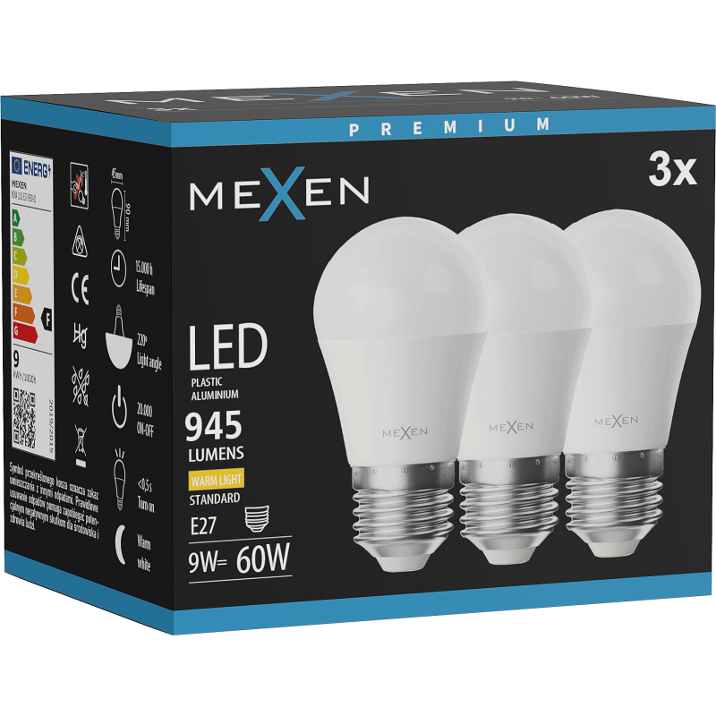 Mexen Nova 3x LED žárovka E27, G45, 9W, Teplá - 3000K, 945 lm - L101-E27-0930-01x03