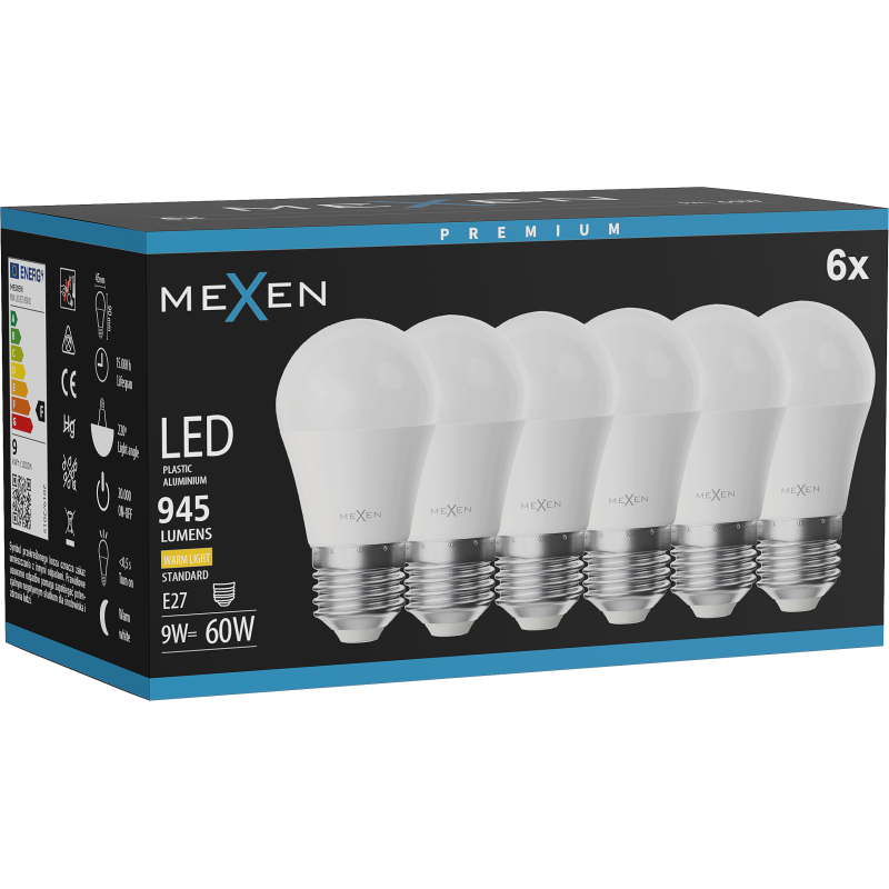 Mexen Nova 6x LED žárovka E27, G45, 9W, Teplá - 3000K, 945 lm - L101-E27-0930-01x06