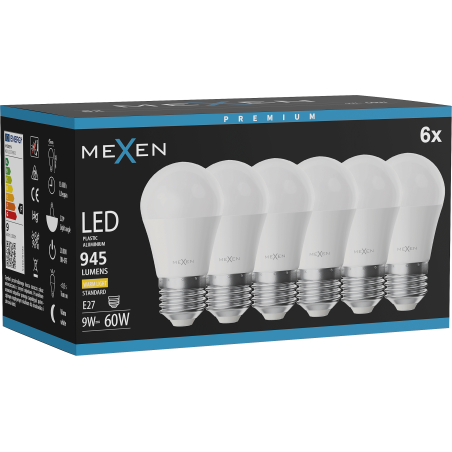Mexen Nova 6x LED žárovka E27, G45, 9W, Teplá - 3000K, 945 lm - L101-E27-0930-01x06