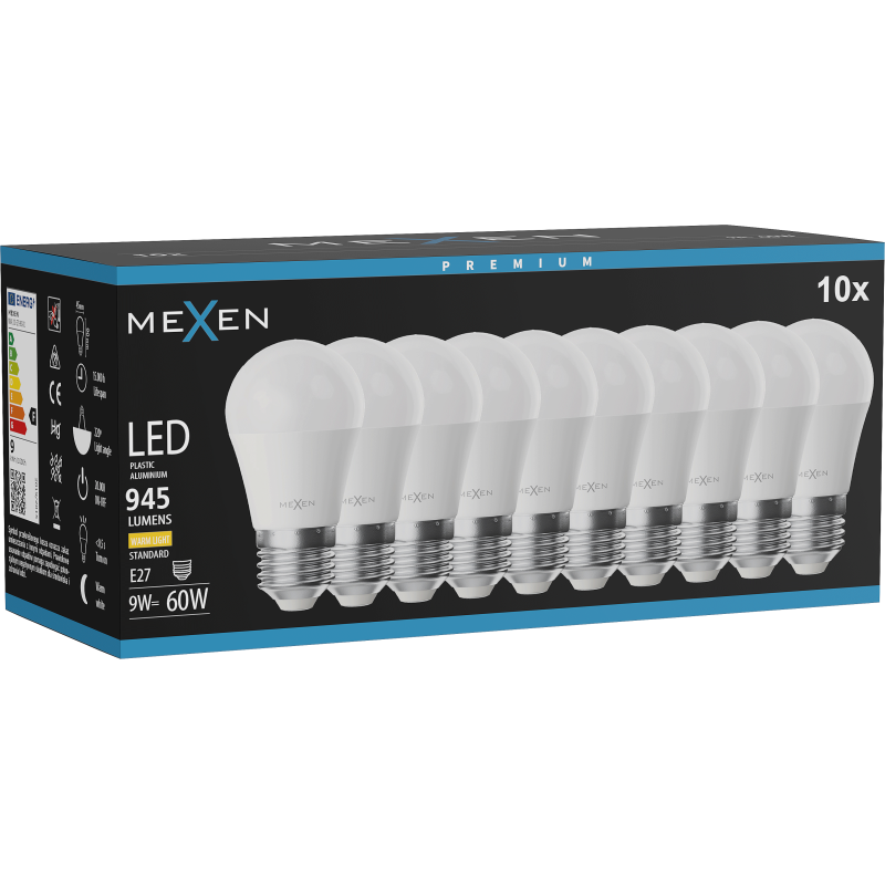 Mexen Nova 10x LED žárovka E27, G45, 9W, Teplá - 3000K, 945 lm - L101-E27-0930-01x10
