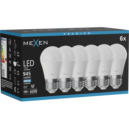 Mexen Nova 6x LED žárovka E27, G45, 9W, Studená - 6500K, 945 lm - L101-E27-0965-01x06