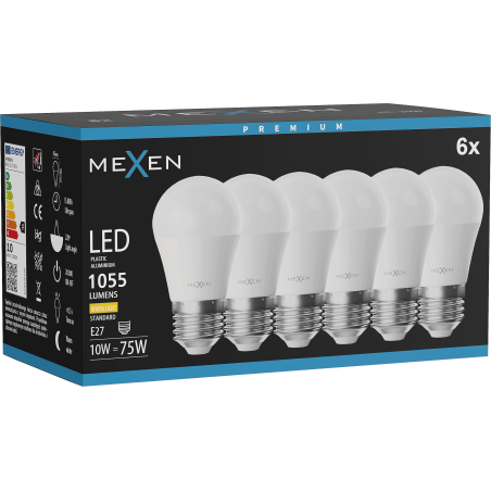 Mexen Nova 6x LED žárovka E27, G45, 10W, Teplá - 3000K, 1055 lm - L101-E27-1030-01x06