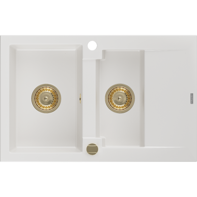 Mexen Gaspar dřez granitový 1,5-komorový s odkapávačem 737 x 475 mm, bílý, sifon zlatý - 6507731505-20-G