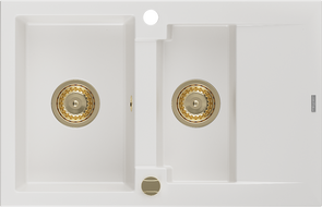 Mexen Gaspar dřez granitový 1,5-komorový s odkapávačem 737 x 475 mm, bílý, sifon zlatý - 6507731505-20-G