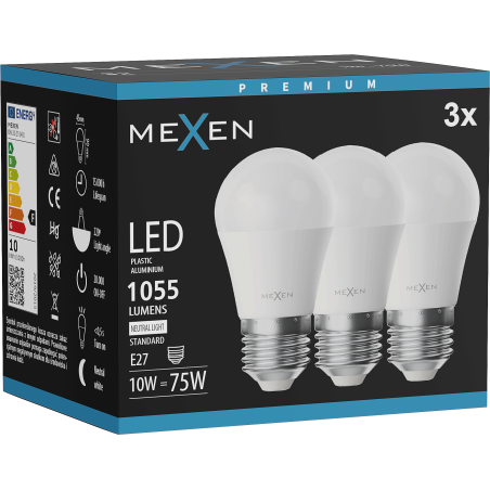 Mexen Nova 3x LED žárovka E27, G45, 10W, Neutrální - 4000K, 1055 lm - L101-E27-1040-01x03