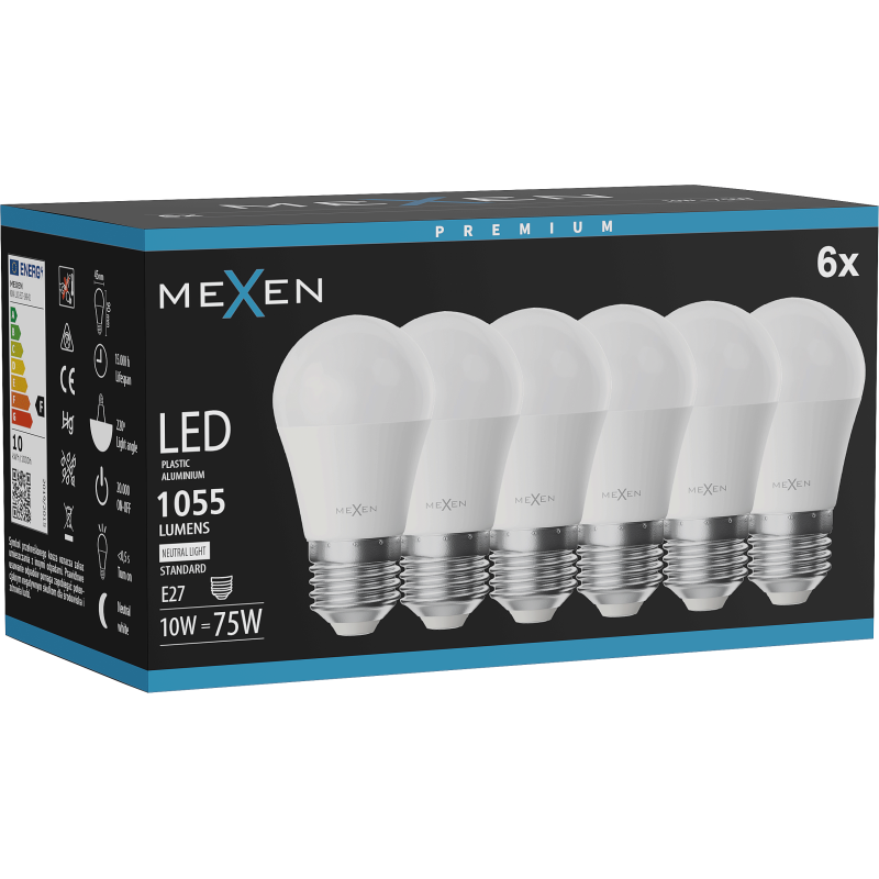 Mexen Nova 6x LED žárovka E27, G45, 10W, Neutrální - 4000K, 1055 lm - L101-E27-1040-01x06