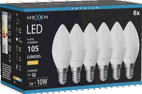 Mexen Nova 6x LED žárovka E14, C37, 1W, Teplá - 3000K, 105 lm - L102-E14-0130-01x06