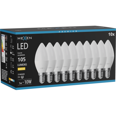 Mexen Nova 10x LED žárovka E14, C37, 1W, Teplá - 3000K, 105 lm - L102-E14-0130-01x10