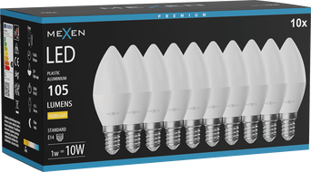 Mexen Nova 10x LED žárovka E14, C37, 1W, Teplá - 3000K, 105 lm - L102-E14-0130-01x10
