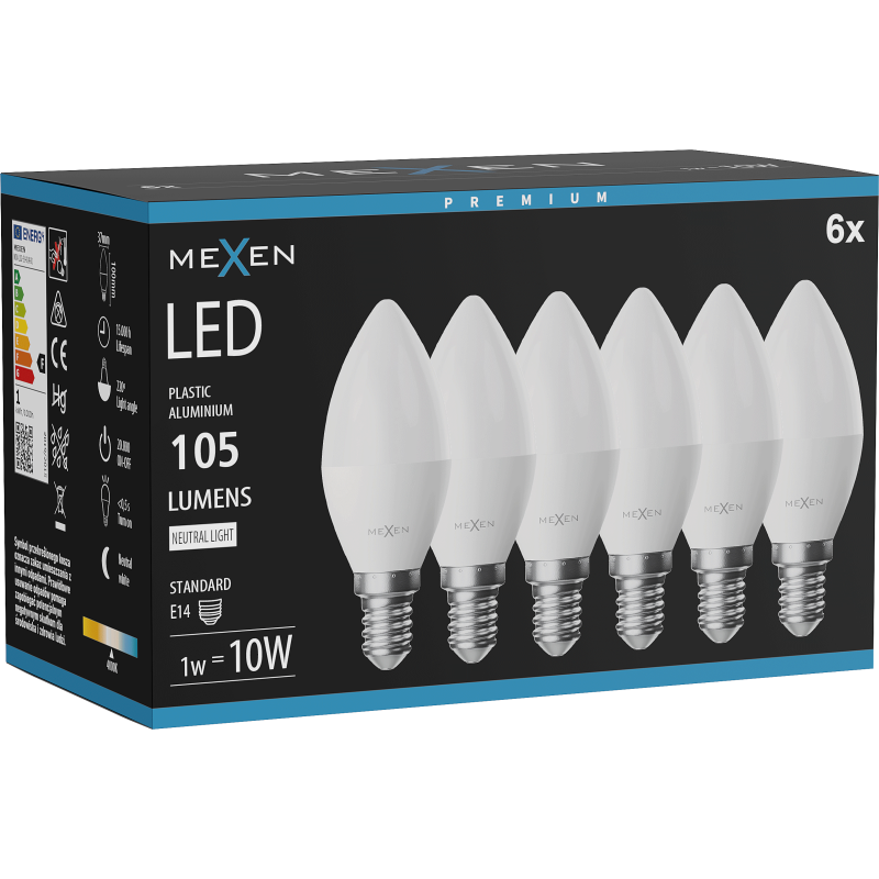 Mexen Nova 6x LED žárovka E14, C37, 1W, Neutrální - 4000K, 105 lm - L102-E14-0140-01x06